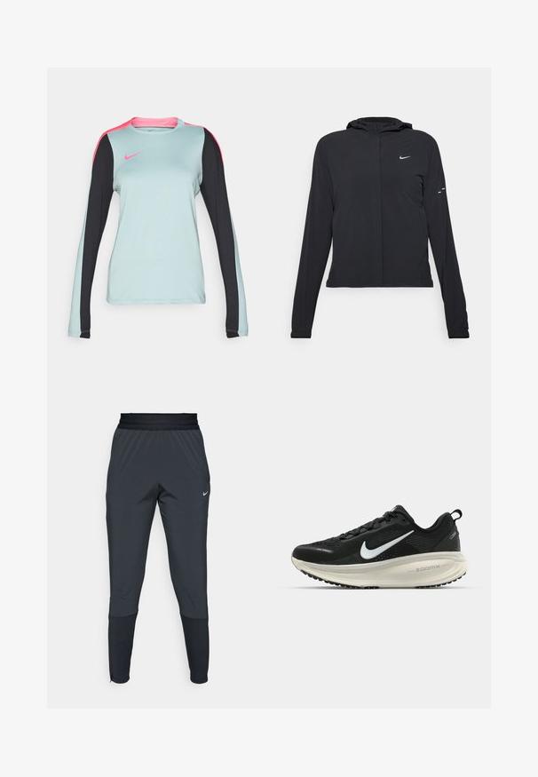 Casaco preto com capuz e mangas longas, feito de material leve. Apresenta um fecho dourado na frente, um logótipo da Nike e detalhes de design subtis.; Camisola atlética de manga longa em azul claro, com mangas pretas e detalhes rosa nos ombros. Textura lisa, com decote redondo e logotipo da Nike.; Calças de treino Nike em cinza escuro, com um design de perna afunilada, cintura elástica e detalhes de destaque próximo aos punhos.; Sapatilha de corrida Nike preta com parte superior de malha respirável, logotipo Swoosh branco, detalhes texturizados e uma entressola ZoomX na cor creme.
