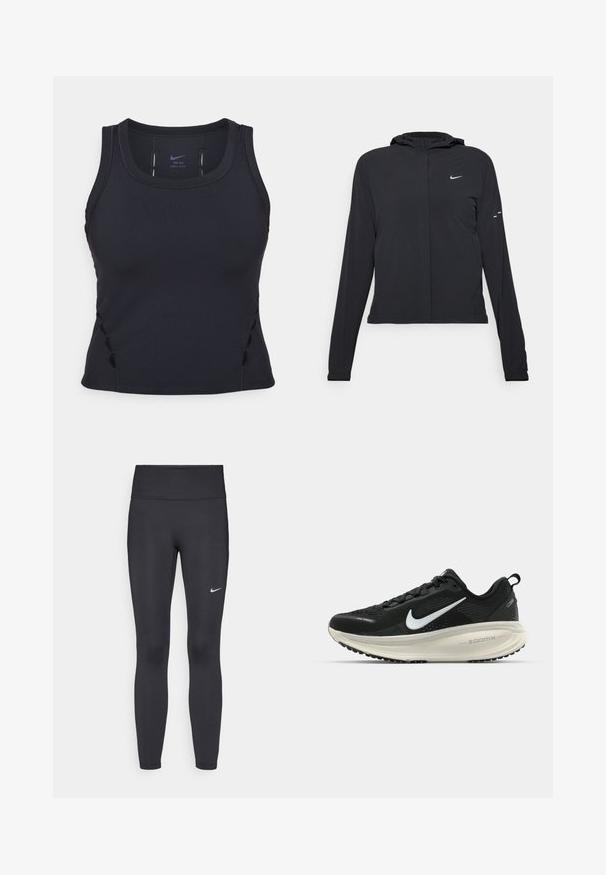 Casaco preto com capuz e mangas longas, feito de material leve. Apresenta um fecho dourado na frente, um logótipo da Nike e detalhes de design subtis.; Camisola desportiva preta feita de tecido elástico. Apresenta um decote redondo, design de costas nadador e detalhes recortados nas laterais.; Leggings pretos feitos de tecido elástico, com uma cintura alta e um logo branco da Nike na coxa esquerda. Textura suave, design ajustado ao corpo.; Sapatilha de corrida Nike preta com parte superior de malha respirável, logotipo Swoosh branco, detalhes texturizados e uma entressola ZoomX na cor creme.