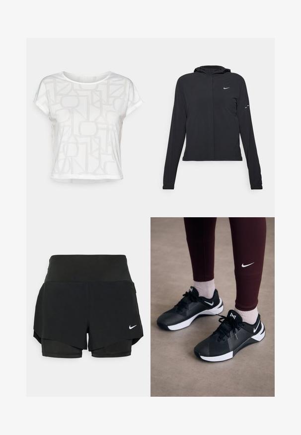 Schwarze Kapuzenjacke mit langen Ärmeln, aus leichtem Material gefertigt. Sie hat einen vorderen Reißverschluss, ein Nike-Logo und dezente Designelemente.; Weißes Kurzarm-T-Shirt mit einem strukturierten geometrischen Muster in einem leicht helleren Farbton, mit runder Halslinie und lockerer Passform.; Schwarze Sportshorts mit einem geschichteten Design, bestehend aus einer inneren Shorts und einer äußeren Überlage, aus leichtem, dehnbarem Material.; Schwarze Sportschuhe mit einer strukturierten Oberseite und weißen Akzenten, versehen mit Schnürsenkeln und einem Seitenlogo. Tragen Sie dazu bordeauxfarbene Leggings und helle Socken.