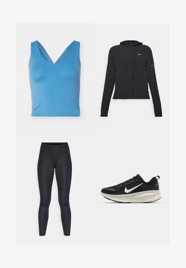 Čierna kapucňová bunda s dlhou rukávou, vyrobená z ľahkého materiálu. Má predný zips, logo Nike a jemné dizajnové akcenty.; Girlfriend Collective FLOAT ZOE TANK CROSS BACK - Top - surf; Čierne legíny vyrobené z hladkej, elastickej tkaniny. Vysoký pás bez viditeľných vzorov alebo akcentov. Úzke od pásu po členky.; Čierne bežecké topánky Nike s priedušnou sieťovinou, bielym logom s symbolom swoosh, textúrovanými detailmi a krémovou ZoomX medzipodrážkou.