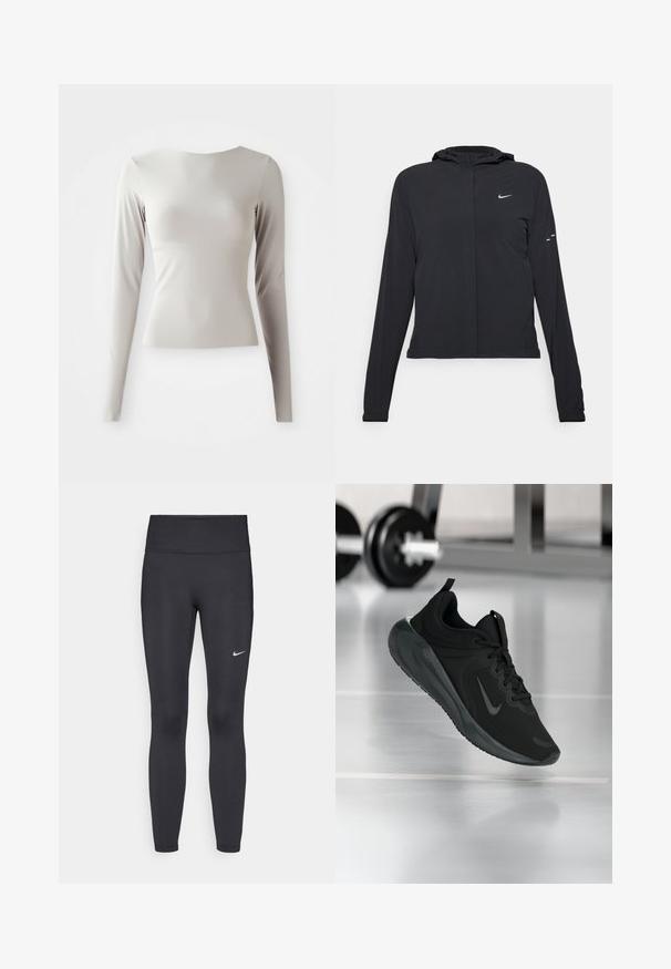 Must musta kapuutsiga jakk, millel on pikad varrukad ja mis on valmistatud kergetest materjalidest. Omab esitaskut, Nike logo ja kergelt silmatorkavaid disainiaktsente.; Helehall pikkade varrukatega topp, mis on valmistatud siledast ja libedast kangast, ümarate kaelustega ja kitseneva siluetiga. Džempril on all veidi laienev äär.; Mustad mustadest leggingid, mis on valmistatud venivast kangast, kõrge vöökoha ja valge Nike logo abil vasakul reiel. Sile tekstuur, keha järgiv disain.; Mustad mustang spordijalatsid Nike logo'ga, õhus spordisaali põrandal, häguste hantlite riiulitega taustal.