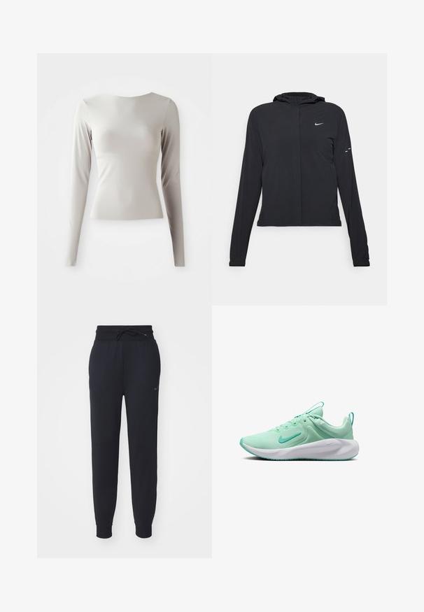 Čierna kapucňová bunda s dlhou rukávou, vyrobená z ľahkého materiálu. Má predný zips, logo Nike a jemné dizajnové akcenty.; Svetlošedý dlhý rukáv top vyrobený z hladkej, jemnej tkaniny s okrúhlym výstrihom a priliehavým strihom. Spodný lem je na konci mierne rozšírený.; Čierne teplákové nohavice vyrobené z mäkkej tkaniny, ktoré majú elastický pás s šnúrkou, bočné vrecká a jemné logo na ľavom stehne.; Svetlozelené športové topánky s mesh vrchnou časťou, okrúhlou špičkou, bielou podrážkou a tyrkysovými akcentmi. Majú šnurovací dizajn a pútko na päte.