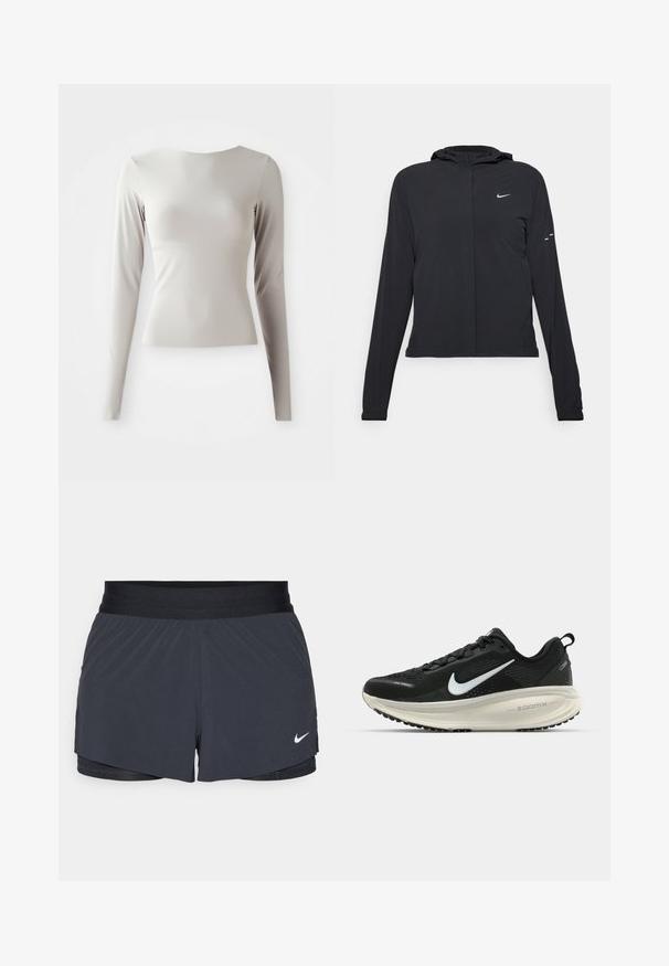 Črna kapuča s dolgimi rokavi, izdelana iz lahkega materiala. Ima sprednji zadrgo, logotip Nike in subtilne oblikovne detajle.; Svetlo siva majica s dugim rukavima, izdelana iz gladkega, prefinjenega materiala, z okroglim izrezom in prilegajočo silhueto. Rob je na dnu rahlo razširjen.; Črne atletske kratke hlače z elastičnim pasom, ki imajo plastičen dizajn in majhen bel Nike logotip na spodnji levi strani. Lahkoten material.; Črne Nike tekaške čevlje z zračno mrežno zgornjim delom, belim logotipom Swoosh, teksturiranimi detajli in smetanasto barvnim srednjim delom ZoomX.