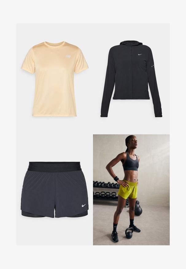 Casaco preto com capuz e mangas longas, feito de material leve. Apresenta um fecho dourado na frente, um logótipo da Nike e detalhes de design subtis.; New Balance T-shirt desportiva - peach blossom; Calças curtas de atletismo pretas com um cós elástico, apresentando um design em camadas e um pequeno logótipo da Nike em branco no canto inferior esquerdo. Material leve.; Sutiã desportivo preto, calções amarelos brilhantes com cintura elástica, sapatos de atletismo pretos e pulseiras, de pé ao lado de kettlebells.
