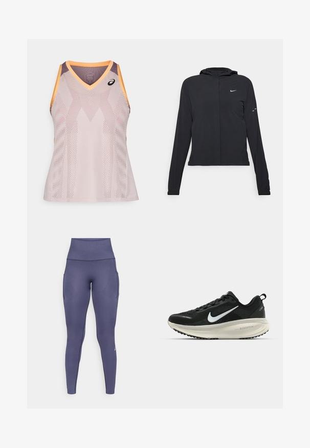 Fekete kapucnis dzseki hosszú ujjakkal, könnyű anyagból készült. Elülső cipzárral, Nike logóval és diszkrét dizájn elemekkel rendelkezik.; ASICS MATCH ACTIBREEZE TANK - Felső - watershed rose; Magas derekú, varrás nélküli sötétkék sport leggings, oldalsó zsebekkel és visszafogott texturált mintával, aktív viselethez tervezve.; Fekete Nike futócipő légáteresztő hálós felsőrésszel, fehér Swoosh logóval, textúrázott részletekkel és krém színű ZoomX középtalppal.