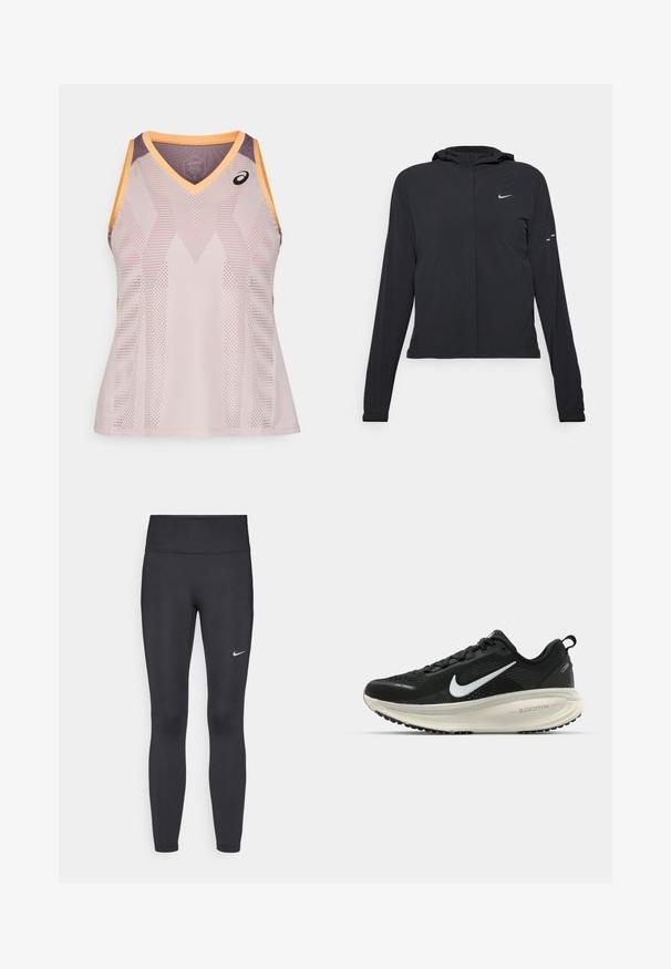 Sort hættetrøje med lange ærmer, lavet af letvægtsmateriale. Har en frontlynlås, et Nike-logo og subtile designaccenter.; ASICS MATCH ACTIBREEZE TANK - Top - watershed rose; Sorte leggings lavet af strækbart stof, med en høj talje og et hvidt Nike-logo på venstre lår. Glat tekstur, tætsiddende design.; Sort Nike løbesko med åndbart mesh-overdel, hvidt swoosh-logo, tekstureret detaljering og en cremede ZoomX mellemsål.