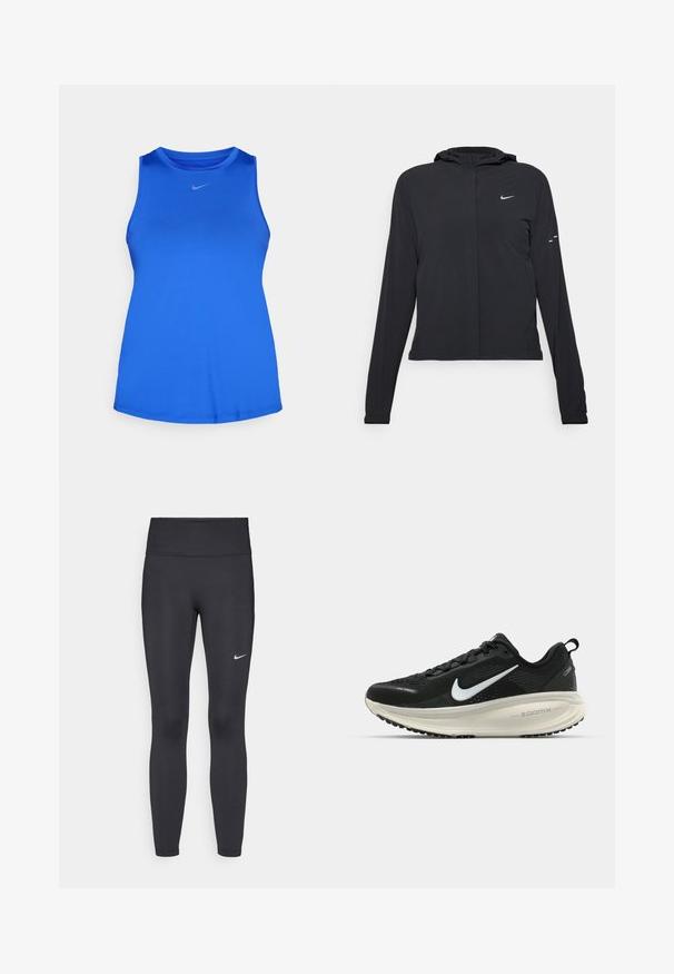 Črna kapuča s dolgimi rokavi, izdelana iz lahkega materiala. Ima sprednji zadrgo, logotip Nike in subtilne oblikovne detajle.; Nike Performance ONE CLASSIC TANK - Top - hyper royal/black; Črne legice iz elastične tkanine, z visokim pasom in belim Nike logo na levem stegnu. Gladka tekstura, oblikovno prilegajoč dizajn.; Črne Nike tekaške čevlje z zračno mrežno zgornjim delom, belim logotipom Swoosh, teksturiranimi detajli in smetanasto barvnim srednjim delom ZoomX.
