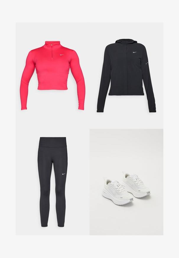 Svart hettegenser med lange ermer, laget av lett materiale. Har glidelås foran, Nike-logo og subtile design detaljer.; Rosa, kortkort langermet treningstopp med høy krage og kvart glidelås. Laget av glatt, elastisk stoff med en liten hvit logo.; Sorte leggings laget av elastisk stoff, med høy livlinje og en hvit Nike-logo på venstre lår. Glatt tekstur, kroppsnær passform.; Hvite joggesko med et teksturert mesh-overdel, polstret såle og subtile grå aksenter. Inkluderer merkevare og løkke på hælen for enkel påkledning.