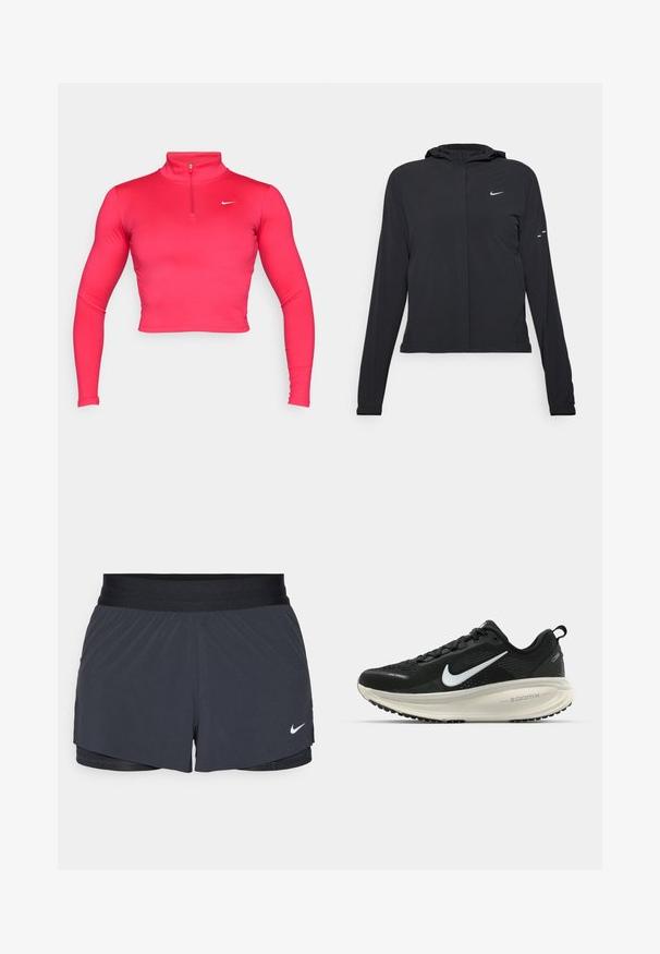 Melnā kapuci jaka ar garām piedurknēm, izgatavota no viegla materiāla. Tam ir priekšējais rāvējslēdzis, Nike logo un smalki dizaina akcenti.; Rozā īsas piedurknes sportiskais krekls ar augstu apkakli un ceturtdaļas rāvējslēdzēju. Izgatavots no gludas, elastīgas auduma ar mazu baltu logotipu.; Melnas sporta šortus ar elastīgu jostu, ar slāņotu dizainu un mazu balto Nike logo apakšējā kreisajā stūrī. Viegls materiāls.; Melnas Nike skriešanas kurpes ar elpojošu acs augšdaļu, baltu Swoosh logotipu, strukturētu apdari un krēmkrāsas ZoomX starpsole.