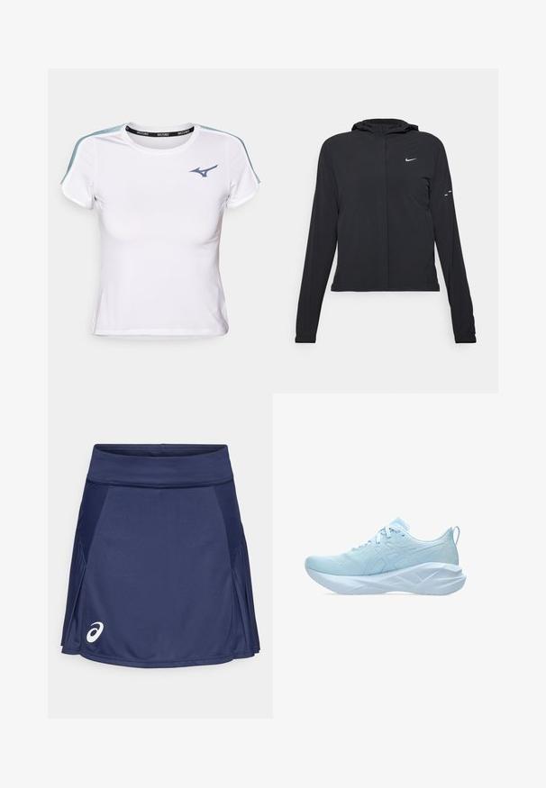 Must musta kapuutsiga jakk, millel on pikad varrukad ja mis on valmistatud kergetest materjalidest. Omab esitaskut, Nike logo ja kergelt silmatorkavaid disainiaktsente.; Valge sportlik T-särk, sobiva disainiga, lühikeste varrukatega, kontrastsete siniste õlavarre aksessuaaridega ja musta riba, millel on brändi nimi.; Navi sinine tennisseelik, mis on valmistatud polüestrisegmendist, sujuva vöökoha, volditud kujunduse ja valge logoga alumisel vasakul küljel.; Heledad sinine sportlik jalats, millel on võrgust pealispind, lamedad paelad ja paks, tekstureeritud tallaga, millel on geomeetrilised aktsendid stabiilsuse tagamiseks.