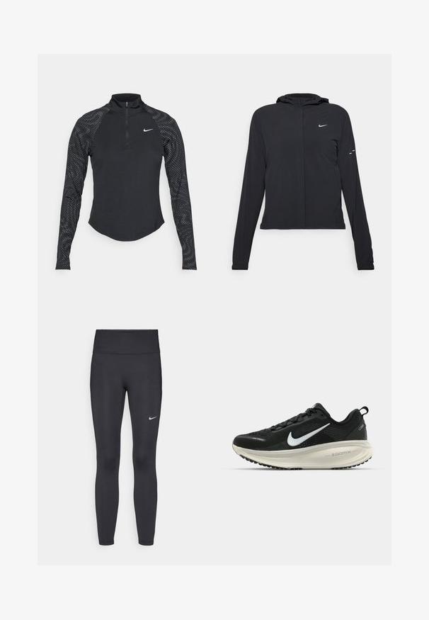 Schwarze Kapuzenjacke mit langen Ärmeln, aus leichtem Material gefertigt. Sie hat einen vorderen Reißverschluss, ein Nike-Logo und dezente Designelemente.; Schwarz langärmeliges Sportoberteil mit einem Viertel-Reißverschluss, ausgestattet mit Ärmeln im gepunkteten Muster und einem Nike-Logo auf der Brust. Glatte Textur.; Schwarze Leggings aus elastischem Stoff, mit einem hohen Bund und einem weißen Nike-Logo auf dem linken Oberschenkel. Glatte Textur, figurbetontes Design.; Schwarzer Nike-Laufschuh mit atmungsaktivem Mesh-Obermaterial, weißem Swoosh-Logo, strukturierten Details und einer cremefarbenen ZoomX-Zwischensohle.