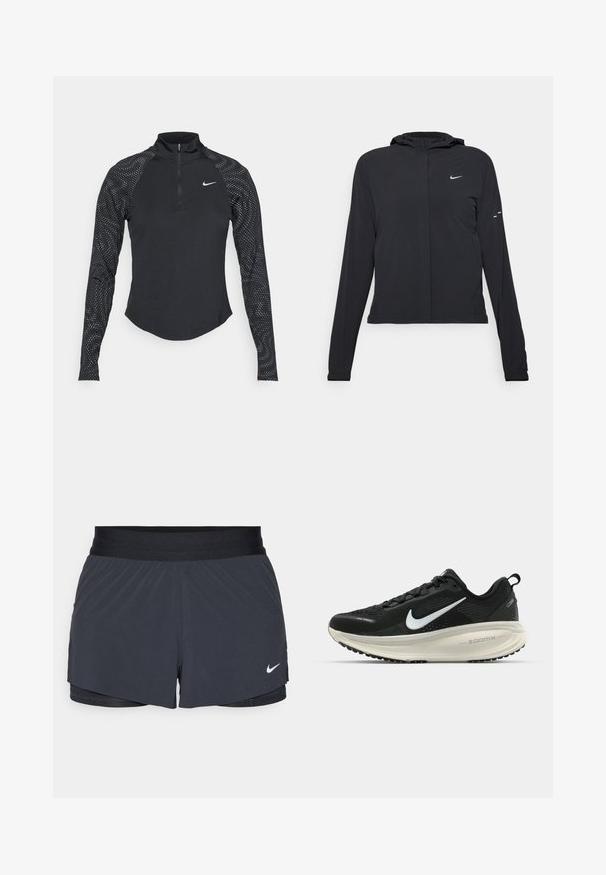 Melnā kapuci jaka ar garām piedurknēm, izgatavota no viegla materiāla. Tam ir priekšējais rāvējslēdzis, Nike logo un smalki dizaina akcenti.; Melnā garā piedurkne sporta krekls ar ceturtdaļas rāvējslēdzēju, ar punktētu rakstu uz piedurknēm un Nike logo uz krūtīm. Līdzenas faktūra.; Melnas sporta šortus ar elastīgu jostu, ar slāņotu dizainu un mazu balto Nike logo apakšējā kreisajā stūrī. Viegls materiāls.; Melnas Nike skriešanas kurpes ar elpojošu acs augšdaļu, baltu Swoosh logotipu, strukturētu apdari un krēmkrāsas ZoomX starpsole.