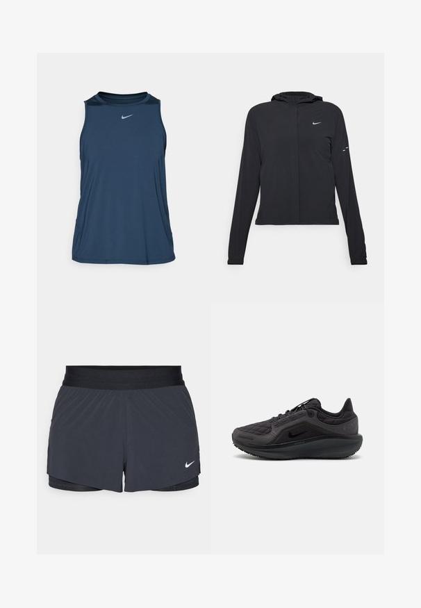 Juodas gobtuvas striukė su ilgomis rankovėmis, pagaminta iš lengvo audinio. Pasižymi priekiniais užtrauktukais, Nike logotipu ir subtiliais dizaino akcentais.; Nike Performance ONE CLASSIC TANK - Viršus - armory navy/black; Juodos sportinės šortai su elastine talija, turintys sluoksniuotą dizainą ir mažą baltą Nike logotipą kairiajame apačioje. Lengvas audinys.; Juodas sportinis batas su siuvinėtu viršumi, tekstūruotomis detalėmis ir paminkštintu padu. Yra ryškus Nike logotipas ir patvari išorė.