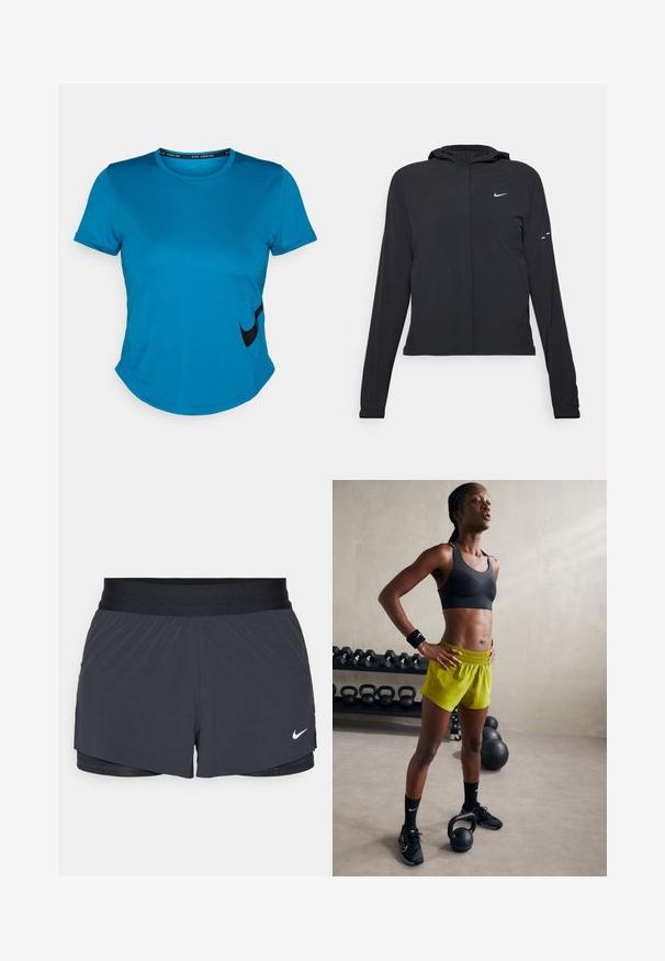 Svart huva jacka med långa ärmar, gjord av lätt material. Har en framdragare, en Nike-logotyp och subtila designelement.; Blå kortärmad träningsskjorta i mjukt tyg, med en svart Nike-logga på den nedre vänstra sidan och en rundad fåll.; Svarta idrottsshorts med elastisk midja, med en lagerdesign och en liten vit Nike-logga på nedre vänstra sidan. Lättviktig material.; Svart sportbh, ljusgula shorts med resårmidja, svarta träningsskor och handledsband, stående bredvid kettlebells.