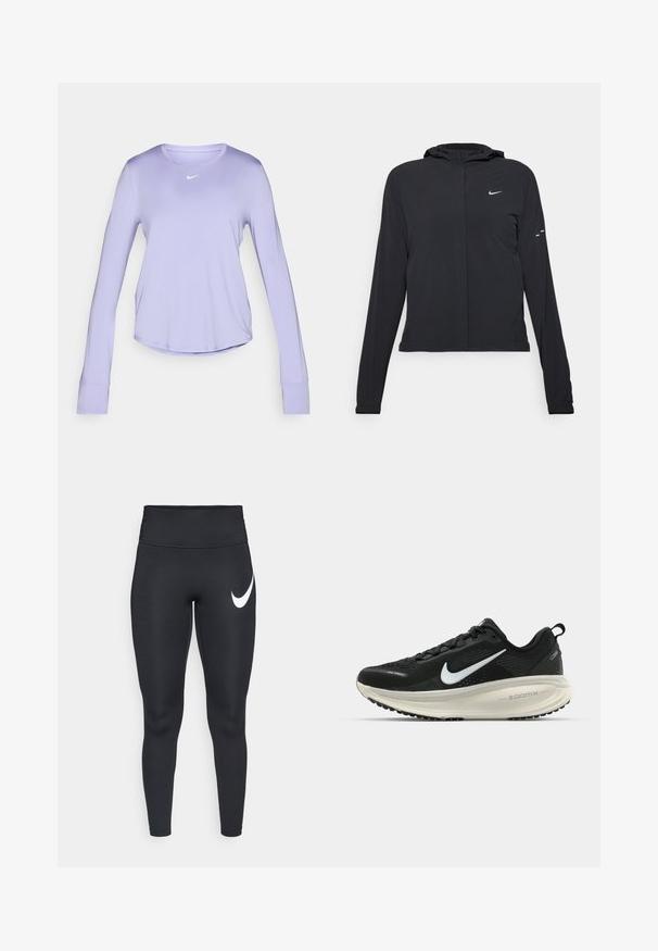 Czarna kurtka z kapturem, z długimi rękawami, wykonana z lekkiego materiału. Posiada zamek błyskawiczny z przodu, logo Nike oraz subtelne akcenty wzornicze.; Koszulka sportowa z długim rękawem w kolorze lawendowym, wykonana z miękkiego, lekkiego materiału. Posiada okrągły dekolt oraz małe białe logo na piersi.; Czarne sportowe legginsy o wysokim stanie z białym logo Nike w kształcie suwka na górnej lewej udzie, na białym tle.; Czarna biegowa półbut z oddychającej siateczki, białym logo swoosh, teksturowanymi detalami oraz kremową podeszwą środkową ZoomX.
