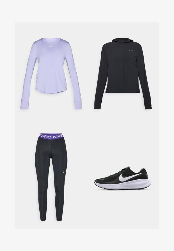 Černá kapucňová bunda s dlouhými rukávy, vyrobená z lehkého materiálu. Obsahuje přední zip, logo Nike a decentní designové akcenty.; Sportovní tričko s dlouhým rukávem v levandulové barvě vyrobené z měkké, lehké tkaniny. Má kulatý výstřih a malé bílé logo na hrudi.; Černé sportovní legíny s hladkou texturou, s fialovým páskem označeným "NIKE PRO" a malým bílým logem Nike na jedné straně.; Černá atletická bota s texturovaným síťovaným svrškem, bílým logem swoosh, polstrovaným límcem a silnou, odpruženou bílou mezipodešví. Gumová podešev.
