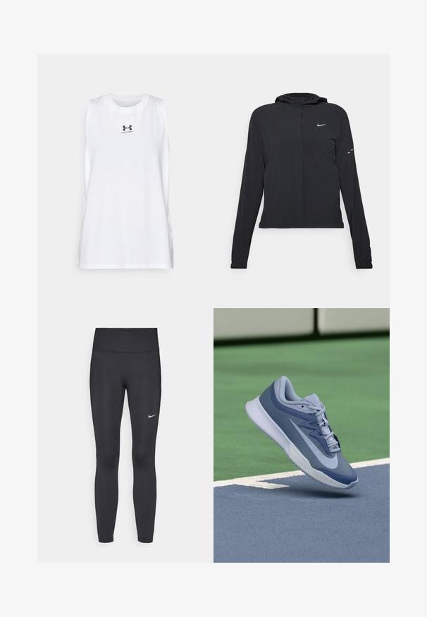 Zwarte kaptrui met lange mouwen, gemaakt van lichtgewicht materiaal. Voorzien van een ritssluiting aan de voorkant, een Nike-logo en subtiele ontwerpelementen.; Witte mouwloze tanktop van katoen, met een ronde hals en een klein zwart Under Armour-logo op de borst.; Zwarte legging van rekbare stof met een hoge tailleband en een wit Nike-logo op de linkerdij. Gladde textuur, aansluitend ontwerp.; Sport sneaker in lichtblauw en marineblauw, met een gestructureerde bovenkant, platte veters en een lichte witte zool. Verhoogd boven een speelveld.