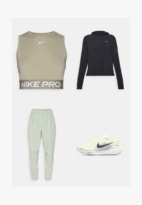 Czarna kurtka z kapturem, z długimi rękawami, wykonana z lekkiego materiału. Posiada zamek błyskawiczny z przodu, logo Nike oraz subtelne akcenty wzornicze.; Sportowy stanik Nike Pro w oliwkowym kolorze, dopasowany krój, okrągły dekolt oraz biała logo na klatce piersiowej. Posiada szeroką elastyczną taśmę z nazwą marki.; Nike Performance FAST jasnozielony; Biegi Nike z lekką żółtą i białą siateczką cholewy, szarymi akcentami i elastyczną gumową podeszwą. Posiada klasyczne sznurowanie.