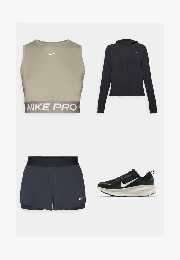 Fekete kapucnis dzseki hosszú ujjakkal, könnyű anyagból készült. Elülső cipzárral, Nike logóval és diszkrét dizájn elemekkel rendelkezik.; Nike Pro sportmelltartó olíva zöld színben, testhez simuló kialakítás, kerek nyakkivágás és fehér logóval a mellkason. Széles elasztikus szalaggal rendelkezik, amelyen a márkanevének felirata található.; Fekete sportnadrág elasztikus derékkal, réteges kialakítással és kis fehér Nike logóval a bal alsó részen. Könnyű anyag.; Fekete Nike futócipő légáteresztő hálós felsőrésszel, fehér Swoosh logóval, textúrázott részletekkel és krém színű ZoomX középtalppal.