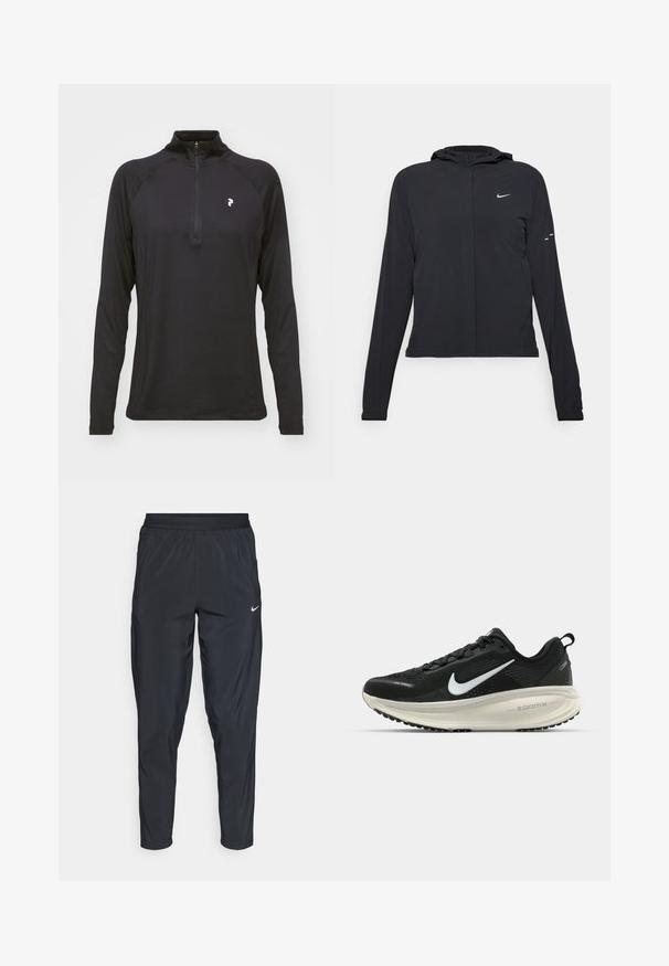 Črna kapuča s dolgimi rokavi, izdelana iz lahkega materiala. Ima sprednji zadrgo, logotip Nike in subtilne oblikovne detajle.; Črna dolgonoga bolj ohlapna majica s četrtinasto zadrgo, gladke teksture in prilagojenega kroja. Ima raglan rokave in majhen bel logotip na prsih.; Črne športne hlače z elastičnim pasom, ožjimi hlačnicami in majhnim belim logotipom na levem stegnu. Lahka, gladka tkanina.; Črne Nike tekaške čevlje z zračno mrežno zgornjim delom, belim logotipom Swoosh, teksturiranimi detajli in smetanasto barvnim srednjim delom ZoomX.