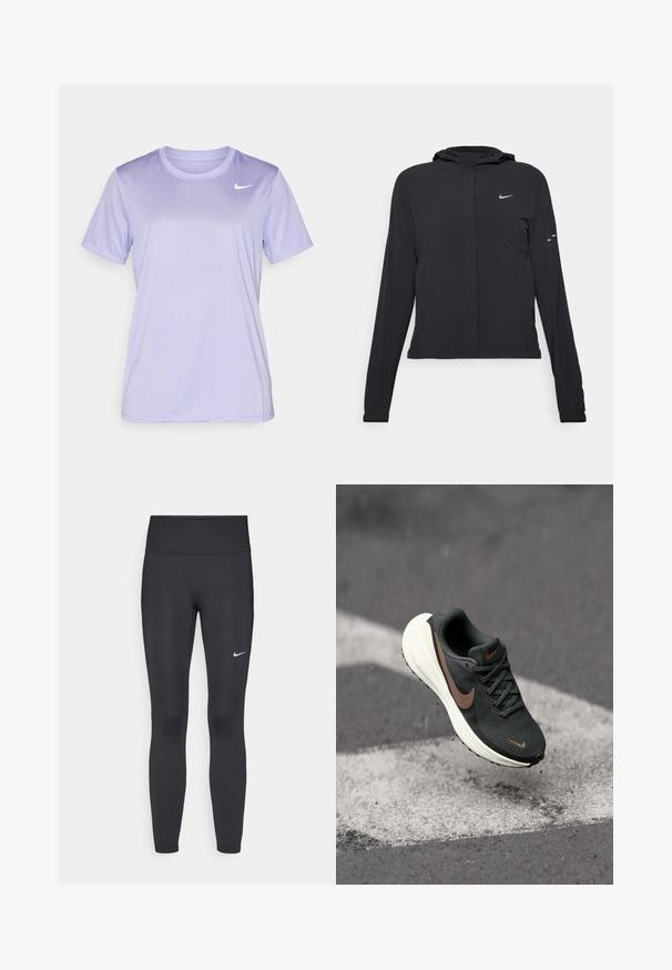 Chaqueta negra con capucha y mangas largas, hecha de un material ligero. Presenta un cierre frontal, un logo de Nike y acentos de diseño sutiles.; Camiseta deportiva morada hecha de una tela suave y ligera. Presenta un cuello redondo y mangas cortas, con un pequeño logo blanco de Nike en el pecho.; Leggings negras de tela elástica, con una cintura alta y un logo blanco de Nike en el muslo izquierdo. Textura suave, diseño ajustado.; Zapatilla de running negra de malla con un upper texturizado, un swoosh de Nike marrón y una suela acolchada blanca, suspendida sobre una superficie gris.