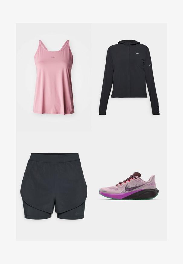 Chaqueta negra con capucha y mangas largas, hecha de un material ligero. Presenta un cierre frontal, un logo de Nike y acentos de diseño sutiles.; Top sin mangas rosa, confeccionado en una tela suave, con un diseño de doble tirante y un detalle de logotipo mínimo en la parte frontal.; Pantalones cortos deportivos negros con un diseño en capas, que cuentan con una capa exterior suave y pantalones cortos interiores ajustados. Fabricados con una tela ligera y elástica.; Zapatillas de carrera Nike en malla rosa con acentos morados, que presentan una suela negra y una entresuela verde. Cierre con cordones y cuello acolchado.