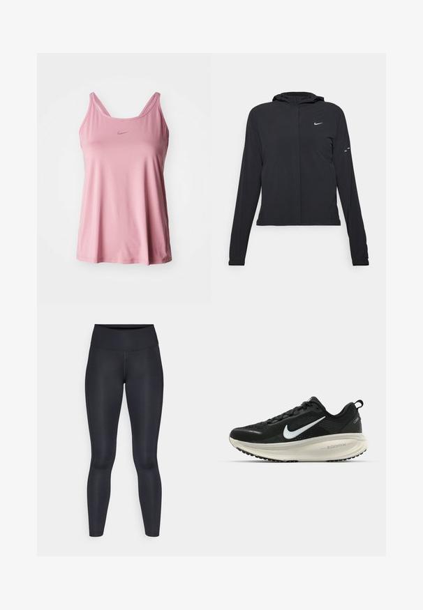 Svart huva jacka med långa ärmar, gjord av lätt material. Har en framdragare, en Nike-logotyp och subtila designelement.; Rosa ärmlös tanktopp i mjuk tyg, med en design av dubbla band och minimal logotypdetalj framtill.; Svarta leggings gjorda av ett smidigt, elastiskt tyg. Hög midja utan synliga mönster eller detaljer. Sitter tätt från midjan till anklarna.; Svart Nike löparsko med andningsbart mesh-ovandel, vit swoosh-logotyp, texturerad detaljering och en krämfärgad ZoomX-mellansula.