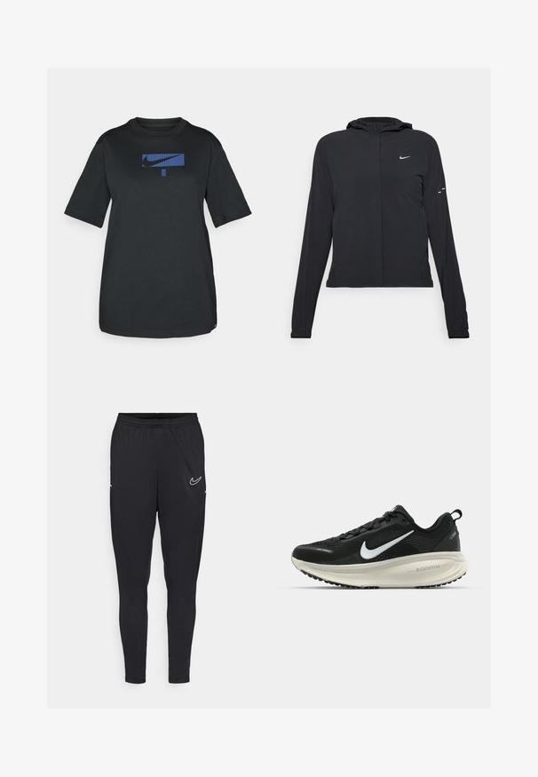 Svart hettegenser med lange ermer, laget av lett materiale. Har glidelås foran, Nike-logo og subtile design detaljer.; Svart bomulls-T-skjorte med kort erm og rund hals. Har en blå Nike-logo foran innenfor et rektangulært grafisk design.; Sorte treningbukser laget av lett stoff, med elastisk midjebånd, tett passform og en hvit Nike-logo på låret.; Svart Nike løpesko med pustende mesh-overdel, hvit swoosh-logo, teksturert detaljer og en kremfarget ZoomX mellomsåle.