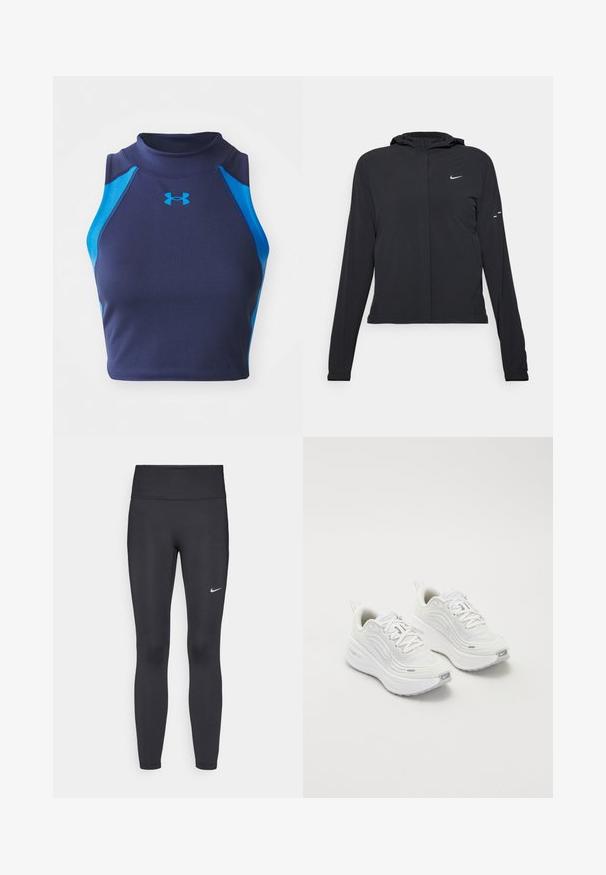 Svart hettegenser med lange ermer, laget av lett materiale. Har glidelås foran, Nike-logo og subtile design detaljer.; Marineblå ermeløs crop top i ribbet stoff med blå accenter. Har høy hals og Under Armour-logoen på forsiden.; Sorte leggings laget av elastisk stoff, med høy livlinje og en hvit Nike-logo på venstre lår. Glatt tekstur, kroppsnær passform.; Hvite joggesko med et teksturert mesh-overdel, polstret såle og subtile grå aksenter. Inkluderer merkevare og løkke på hælen for enkel påkledning.