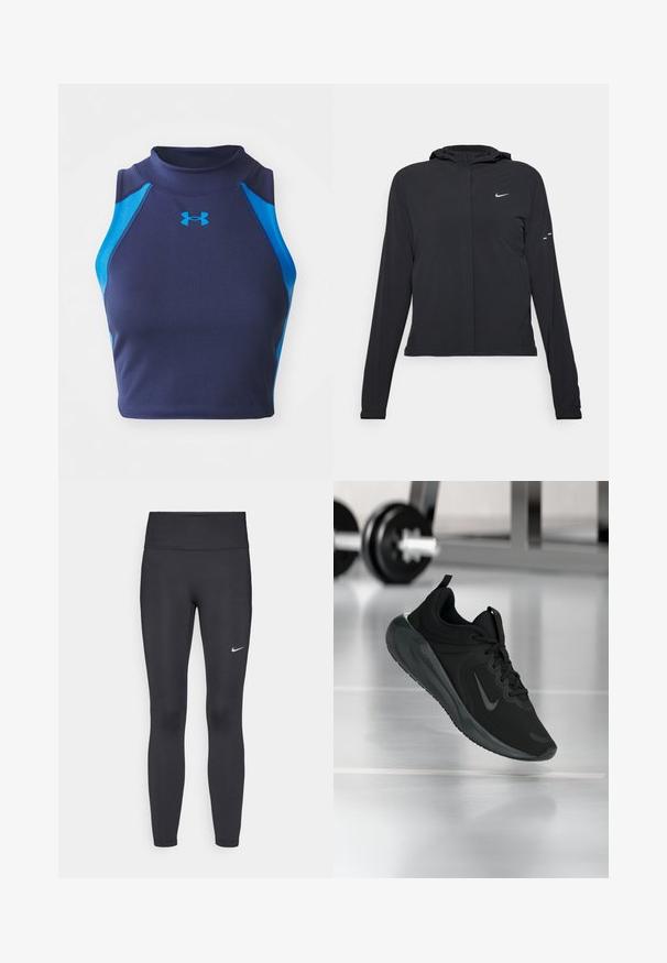 Juodas gobtuvas striukė su ilgomis rankovėmis, pagaminta iš lengvo audinio. Pasižymi priekiniais užtrauktukais, Nike logotipu ir subtiliais dizaino akcentais.; Jūrų kelio be rankovių trumpas viršus iš raukšlėtos medžiagos su mėlynomis akcentais. Turi aukštą apykaklę ir Under Armour logotipą priekyje.; Juodi leggingai iš elastingos medžiagos, turintys aukštą juosmenį ir baltą Nike logotipą kairėje šlaunyje. Lygus paviršius, prigludusi dizainas.; Juodas sportinis sportbačiai su Nike logotipu, pavaizduoti ore virš sporto salės grindų, fone išblurinta hantelių laikiklis.