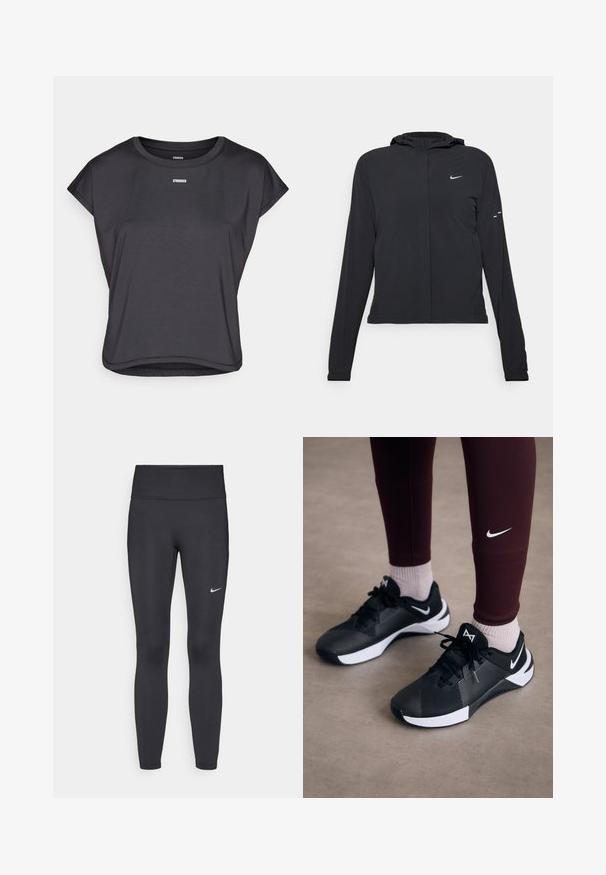 Melnā kapuci jaka ar garām piedurknēm, izgatavota no viegla materiāla. Tam ir priekšējais rāvējslēdzis, Nike logo un smalki dizaina akcenti.; Melnas īsām piedurknēm krekls, izgatavots no gludas auduma, ar noapaļotu apkakli un vārdu "SPĒCĪGĀKS" ar baltu krāsu izdrukātu uz krūtīm.; Melnas legingi, izgatavoti no elastīga auduma, ar augstu jostu un baltu Nike logotipu kreisajā augšstilbā. Gluda tekstūra, piegulošs dizains.; Melni sporta apavi ar strukturētu virsmu un baltām akcentēm, ar auklām un sānu logo. Nēsāti ar bordo legingiem un gaišām zeķēm.
