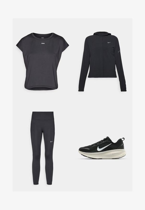 Casaco preto com capuz e mangas longas, feito de material leve. Apresenta um fecho dourado na frente, um logótipo da Nike e detalhes de design subtis.; Top preto de mangas curtas, feito de um tecido suave, com um decote redondo e a palavra "STRONGER" impressa em branco no peito.; Leggings pretos feitos de tecido elástico, com uma cintura alta e um logo branco da Nike na coxa esquerda. Textura suave, design ajustado ao corpo.; Sapatilha de corrida Nike preta com parte superior de malha respirável, logotipo Swoosh branco, detalhes texturizados e uma entressola ZoomX na cor creme.