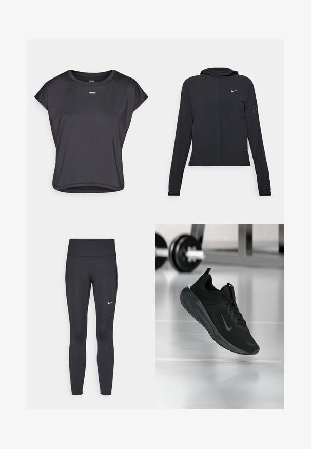 Black hooded jacket with long sleeves, made from lightweight material. Features a front zipper, a Nike logo, and subtle design accents.; Black short-sleeve top made of smooth fabric, featuring a rounded neckline and the word "STRONGER" printed in white on the chest.; Black leggings made of stretchy fabric, featuring a high waistband and a white Nike logo on the left thigh. Smooth texture, form-fitting design.; Black sports sneaker with Nike logo, shown mid-air on gym floor, with blurred dumbbell rack in background.