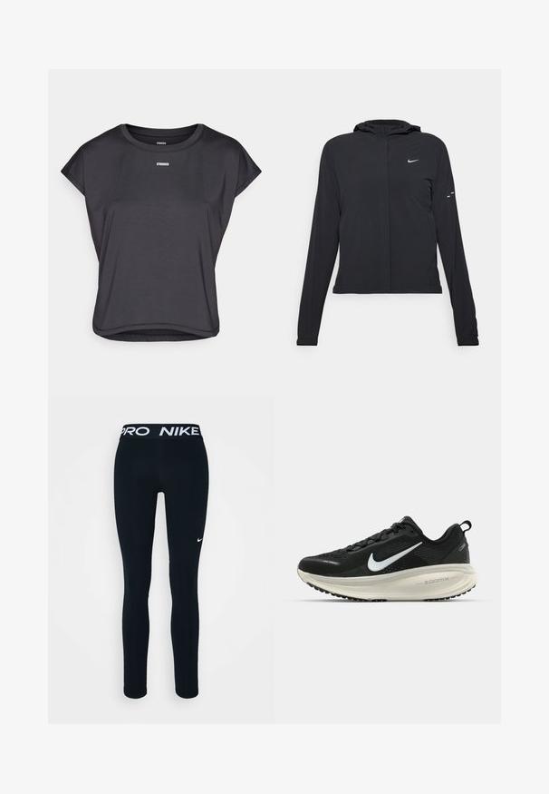 Mustassa hupparissa on pitkät hihat, ja se on valmistettu kevyestä materiaalista. Siinä on edessä vetoketju, Nike-logo ja hillityt muotoiluyksityiskohdat.; Mustat lyhyet hihaiset paidat, jotka on valmistettu sileästä kankaasta. Paita on varustettu pyöreällä pääntiellä ja rinnassa on valkoisella painettuna sana "STRONGER".; Mustat Nike-legginsit, joissa on Pro-vyötärö ja valkoinen logo vasemmassa reidessä. Valmistettu joustavasta kankaasta, joka on suunniteltu mukavuutta ja liikkuvuutta varten.; Mustat Nike-juoksukengät, joissa on hengittävä verkko-osa, valkoinen swoosh-logo, teksturoitu yksityiskohtaus ja kermaisen värinen ZoomX-välipohja.
