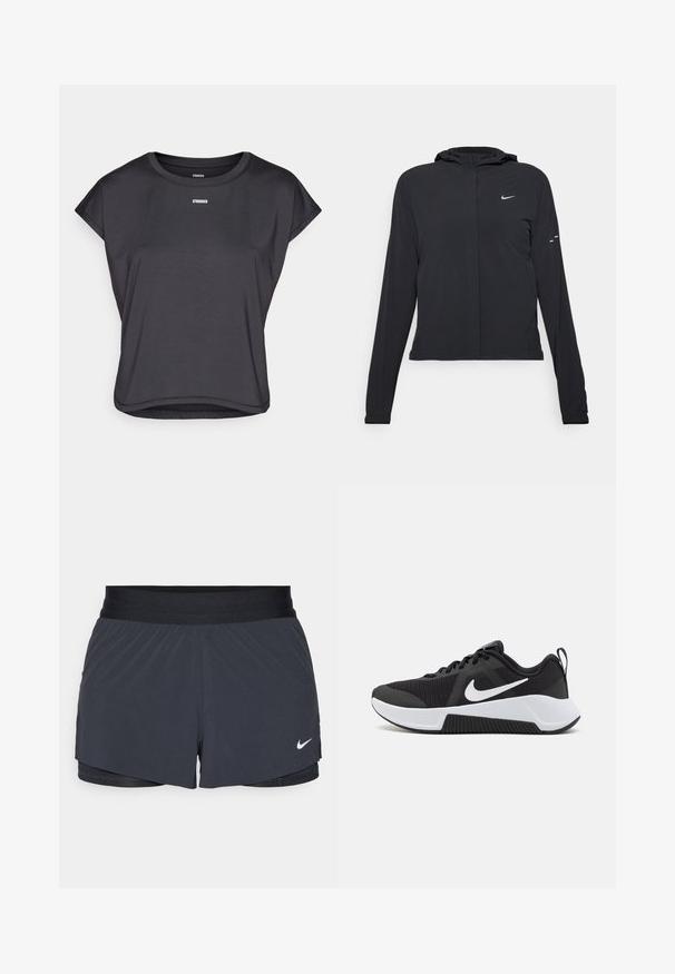 Juodas gobtuvas striukė su ilgomis rankovėmis, pagaminta iš lengvo audinio. Pasižymi priekiniais užtrauktukais, Nike logotipu ir subtiliais dizaino akcentais.; Juodas trumpas rankovėmis viršus, pagamintas iš lygaus audinio, su apvaliu iškirpimu ir žodžiu "STIPRESNIS" atspausdintu baltai ant krūtinės.; Juodos sportinės šortai su elastine talija, turintys sluoksniuotą dizainą ir mažą baltą Nike logotipą kairiajame apačioje. Lengvas audinys.; Juodas sportinis batai su tinklo viršumi, baltais akcentais, paminkštintu padu ir tekstūrizuota protektoriaus danga sukibimui. Su raišteliais ir kulno kilpa.