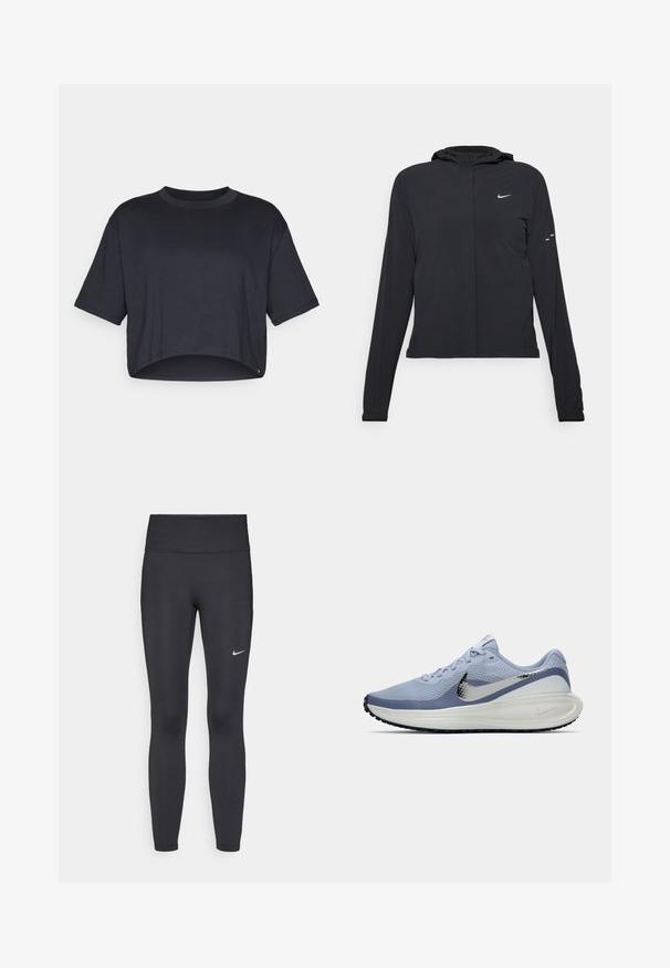 Czarna kurtka z kapturem, z długimi rękawami, wykonana z lekkiego materiału. Posiada zamek błyskawiczny z przodu, logo Nike oraz subtelne akcenty wzornicze.; Przycięta czarna koszulka wykonana z miękkiej bawełny, z okrągłym dekoltem i krótkimi rękawami, posiadająca czystą lamówkę i bez widocznych wzorów czy akcentów.; Czarne legginsy z elastycznego materiału, z wysokim pasem i białym logo Nike na lewym udzie. Gładka tekstura, dopasowany krój.; Jasnoniebieski i biały but do biegania Nike z srebrnym logo, oddychający siateczkowy cholewką, amortyzowaną podeszwą i czarnym bieżnikiem.