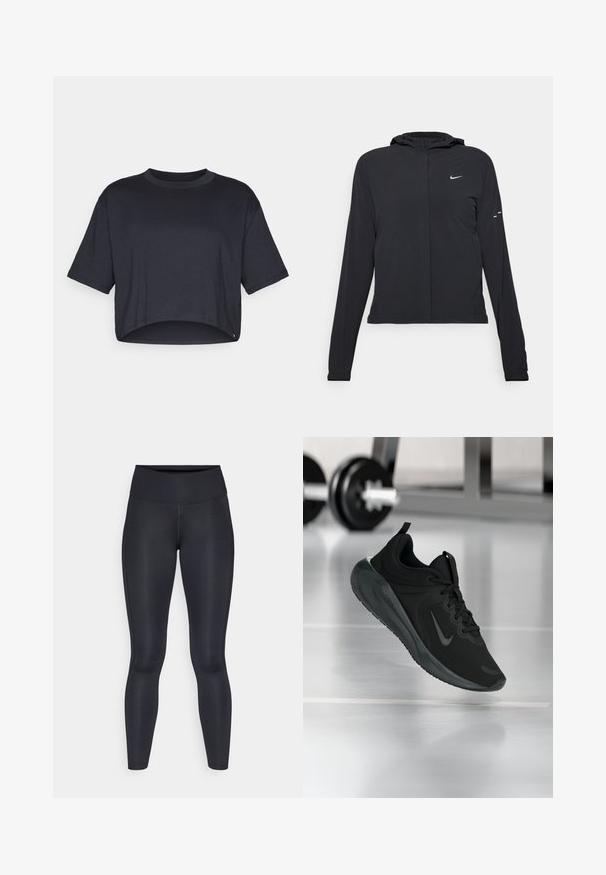 Chaqueta negra con capucha y mangas largas, hecha de un material ligero. Presenta un cierre frontal, un logo de Nike y acentos de diseño sutiles.; Camiseta negra recortada hecha de algodón suave, con cuello redondo y mangas cortas, acabado limpio y sin patrones ni acentos visibles.; Leggings negros hechos de una tela suave y elástica. Cintura alta sin patrones ni acentos visibles. Se ajustan estrechamente desde la cintura hasta los tobillos.; Zapatilla deportiva negra con el logo de Nike, mostrada en el aire sobre el suelo del gimnasio, con un soporte de mancuernas desenfocado en el fondo.