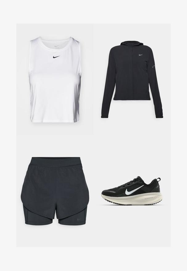 Giacca nera con cappuccio e maniche lunghe, realizzata in materiale leggero. Presenta una zip frontale, il logo Nike e accenti di design sottili.; Top atletico senza maniche di colore bianco, realizzato in tessuto liscio, con scollo rotondo e un piccolo logo Nike nero sul petto.; Shorts sportivi neri con un design a strati, caratterizzati da uno strato esterno morbido e da pantaloni interni aderenti. Realizzati in tessuto leggero e elasticizzato.; Scarpa da corsa nera Nike con tomaia in rete traspirante, logo Swoosh bianco, dettagli testurizzati e intersuola ZoomX di colore crema.