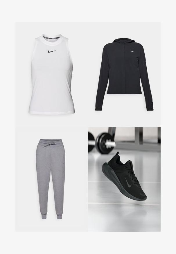 Zwarte kaptrui met lange mouwen, gemaakt van lichtgewicht materiaal. Voorzien van een ritssluiting aan de voorkant, een Nike-logo en subtiele ontwerpelementen.; Witte mouwloze sporttop met een ronde halslijn en een klein zwart Nike-logo op de borst. Gemaakt van gladde, lichtgewicht stof.; Grijze taps toelopende joggingbroek met een tailleband met trekkoord, elastische boorden en een subtiele Nike-logo op de linker bovenbeen. Zachte, gestructureerde stof.; Zwarte sportsneaker met Nike-logo, weergegeven in de lucht boven de gymvloer, met een vervaagde halterrek op de achtergrond.