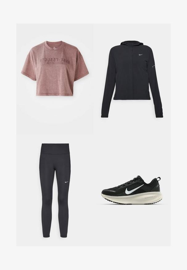 Black hooded jacket with long sleeves, made from lightweight material. Features a front zipper, a Nike logo, and subtle design accents.; Cropped, short-sleeve t-shirt in dusty rose color, made of soft fabric. Features embossed text "PROJECT ROCK" and "STOP FOR NOTHING" on the front.; Black leggings made of stretchy fabric, featuring a high waistband and a white Nike logo on the left thigh. Smooth texture, form-fitting design.; Black Nike running shoe with breathable mesh upper, white swoosh logo, textured detailing, and a cream-colored ZoomX midsole.
