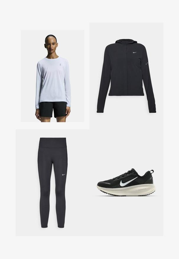 Czarna kurtka z kapturem, z długimi rękawami, wykonana z lekkiego materiału. Posiada zamek błyskawiczny z przodu, logo Nike oraz subtelne akcenty wzornicze.; Długi rękaw biały koszulka sportowa wykonana z lekkiego, oddychającego materiału. Posiada okrągły dekolt i subtelną grafikę na klatce piersiowej.; Czarne legginsy z elastycznego materiału, z wysokim pasem i białym logo Nike na lewym udzie. Gładka tekstura, dopasowany krój.; Czarna biegowa półbut z oddychającej siateczki, białym logo swoosh, teksturowanymi detalami oraz kremową podeszwą środkową ZoomX.
