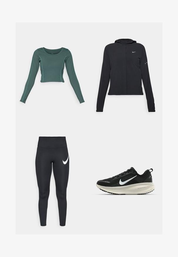 Fekete kapucnis dzseki hosszú ujjakkal, könnyű anyagból készült. Elülső cipzárral, Nike logóval és diszkrét dizájn elemekkel rendelkezik.; Hosszú ujjú crop top sötét teal színű anyagból, kontrasztos világoskék varrással. Kerek nyakkivágással és testhez álló fazonnal rendelkezik.; Fekete, magas derékrészű sport leggings, bal combon fehér Nike pipa logóval, fehér háttér előtt.; Fekete Nike futócipő légáteresztő hálós felsőrésszel, fehér Swoosh logóval, textúrázott részletekkel és krém színű ZoomX középtalppal.