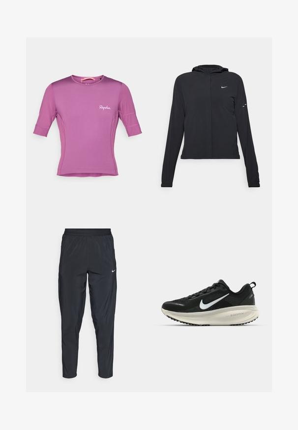 Fekete kapucnis dzseki hosszú ujjakkal, könnyű anyagból készült. Elülső cipzárral, Nike logóval és diszkrét dizájn elemekkel rendelkezik.; Lila, rövid ujjú kerékpáros mez, rugalmas anyagból készült, kerek nyakkivágással és "Rapha" logóval a mellkason. Az ujjakon varrás részletezése.; Fekete sportnadrág gumis derékkal, szűkülő lábakkal és egy kis fehér logóval a bal combján. Könnyű, sima anyag.; Fekete Nike futócipő légáteresztő hálós felsőrésszel, fehér Swoosh logóval, textúrázott részletekkel és krém színű ZoomX középtalppal.