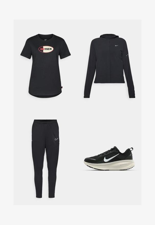 Čierna kapucňová bunda s dlhou rukávou, vyrobená z ľahkého materiálu. Má predný zips, logo Nike a jemné dizajnové akcenty.; Čierne bavlnené tričko s okrúhlym výstrihom, krátkymi rukávmi a centrálnym logom "airmax" v červenej a krémovej farbe na prednej strane.; Čierne športové nohavice vyrobené z ľahkej tkaniny, s elastickým pásom, priliehavým strihom a bielym logom Nike na stehne.; Čierne bežecké topánky Nike s priedušnou sieťovinou, bielym logom s symbolom swoosh, textúrovanými detailmi a krémovou ZoomX medzipodrážkou.