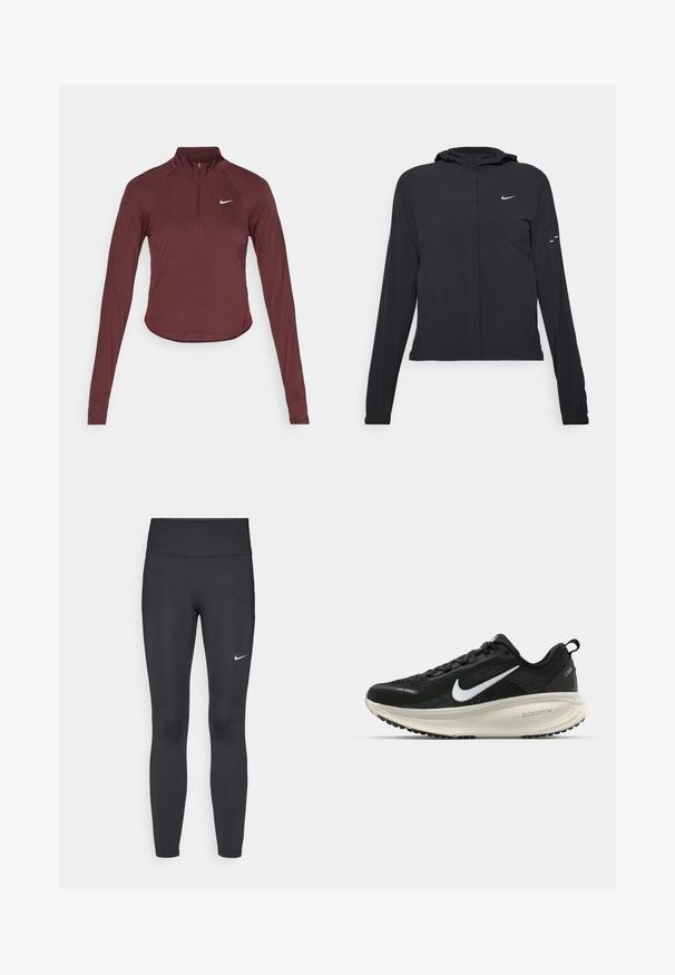 Sort hættetrøje med lange ærmer, lavet af letvægtsmateriale. Har en frontlynlås, et Nike-logo og subtile designaccenter.; Langærmet, maroon atletisk top med halvlange lynlås, der har et Nike-logo på brystet og en tætsiddende design, der taper ind ved taljen.; Sorte leggings lavet af strækbart stof, med en høj talje og et hvidt Nike-logo på venstre lår. Glat tekstur, tætsiddende design.; Sort Nike løbesko med åndbart mesh-overdel, hvidt swoosh-logo, tekstureret detaljering og en cremede ZoomX mellemsål.