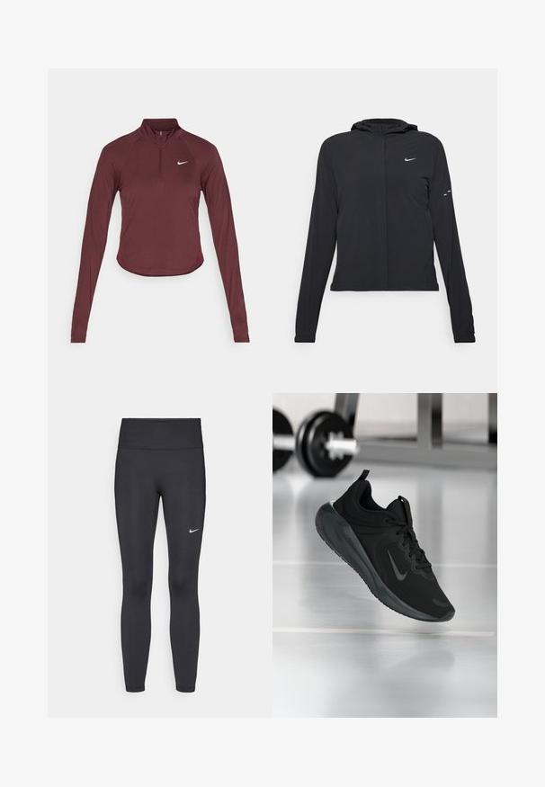 Črna kapuča s dolgimi rokavi, izdelana iz lahkega materiala. Ima sprednji zadrgo, logotip Nike in subtilne oblikovne detajle.; Dolga rukava, bordo športna majica z zadrgo do polovice ovratnika, z logotipom Nike na prsih in prilegajočim dizajnom, ki se na pasu zoži.; Črne legice iz elastične tkanine, z visokim pasom in belim Nike logo na levem stegnu. Gladka tekstura, oblikovno prilegajoč dizajn.; Črne športne teniske z logotipom Nike, prikazane v zraku na telovadni talni površini, v ozadju pa zamegljena vrsta uteži.