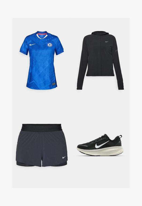 Veste à capuche noire avec des manches longues, fabriquée en matériau léger. Elle comporte une fermeture éclair à l'avant, un logo Nike et des accents de design subtils.; Maillot du Chelsea Football Club en bleu vif, avec un motif géométrique subtil, un col blanc et le logo Nike à l'avant.; Shorts de sport noirs avec une taille élastique, dotés d'un design superposé et d'un petit logo Nike blanc en bas à gauche. Matière légère.; Baskets de course noir Nike avec tige respirante en mesh, logo swoosh blanc, détails texturés et semelle intermédiaire ZoomX de couleur crème.