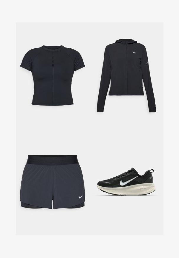 Svart huva jacka med långa ärmar, gjord av lätt material. Har en framdragare, en Nike-logotyp och subtila designelement.; Svart kortärmad topp med hög krage, knappdetalj framtill, tillverkad av stretchigt material, med raglanskärningar och platta sömmar.; Svarta idrottsshorts med elastisk midja, med en lagerdesign och en liten vit Nike-logga på nedre vänstra sidan. Lättviktig material.; Svart Nike löparsko med andningsbart mesh-ovandel, vit swoosh-logotyp, texturerad detaljering och en krämfärgad ZoomX-mellansula.