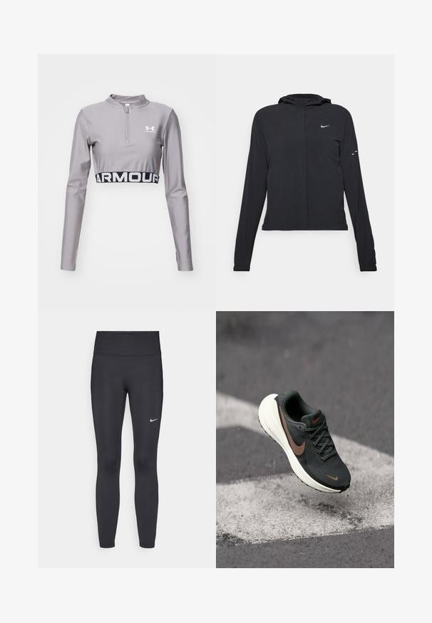 Black hooded jacket with long sleeves, made from lightweight material. Features a front zipper, a Nike logo, and subtle design accents.; Light gray long-sleeve cropped athletic top with a stand collar and a half zip. Features a contrasting black band with "ARMOUR" text at the hem.; Black leggings made of stretchy fabric, featuring a high waistband and a white Nike logo on the left thigh. Smooth texture, form-fitting design.; Black mesh running shoe with a textured upper, a brown Nike swoosh, and a white cushioned sole, suspended above a gray surface.