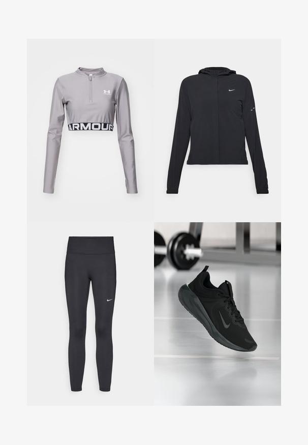 Jachetă neagră cu glugă, cu mâneci lungi, fabricată din material ușor. Dispune de un fermoar frontal, un logo Nike și accente de design subtile.; Top sportiv gri deschis, cu mâneci lungi și croială scurtă, cu guler înalt și fermoar pe jumătate. Include o bandă contrastantă neagră cu textul "ARMOUR" la tiv.; Leggings negre dintr-un material elastic, având talie înaltă și un logo alb Nike pe coapsa stângă. Textură netedă, design care se conturează pe corp.; Tenisii sport negru cu logo-ul Nike, arătați în aer deasupra podelei de sală de sport, cu un suport pentru haltere neclar în fundal.
